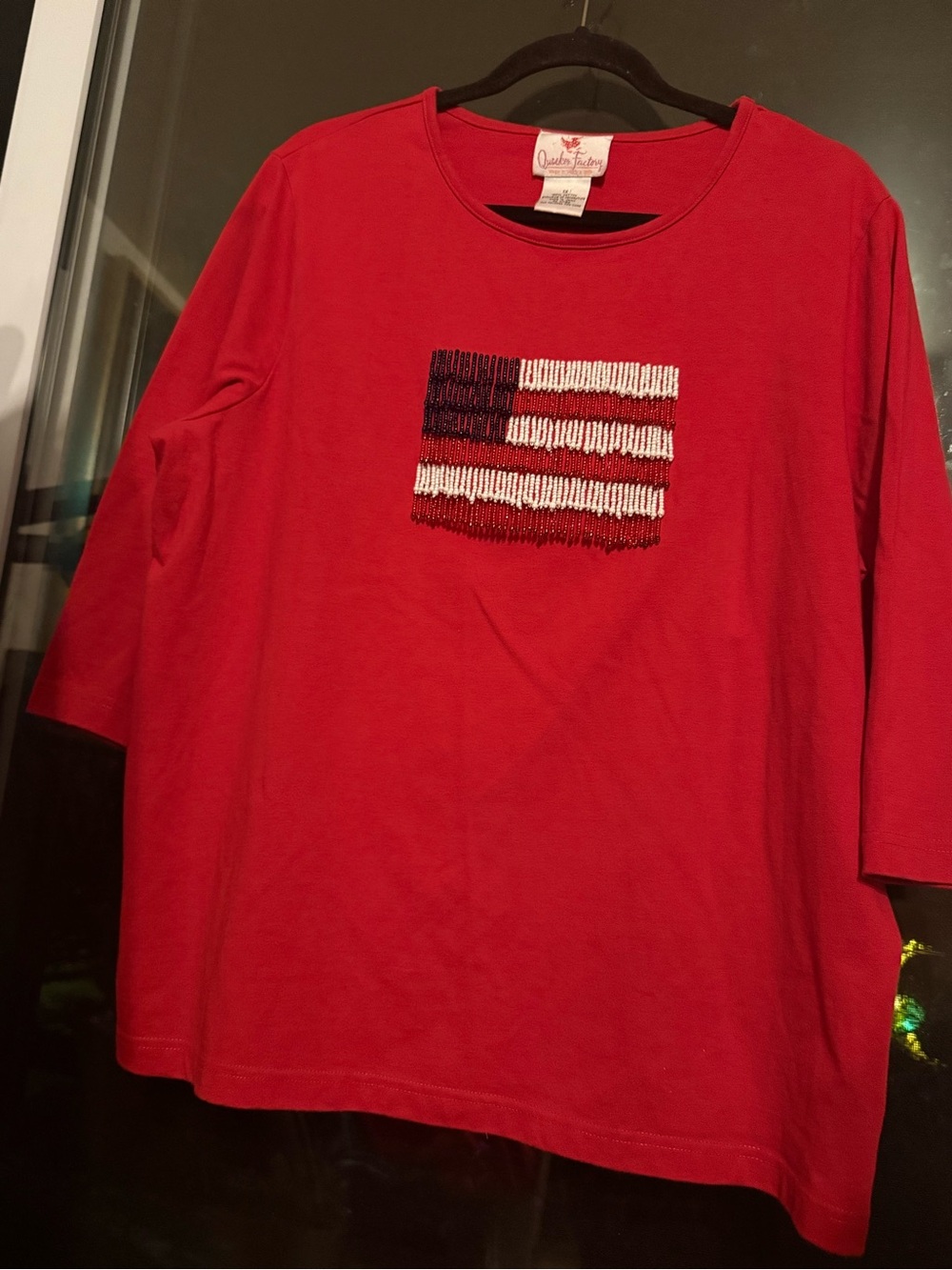 Quacker Factory Red 3/4 sleeve top with Beaded Flag 4th of July